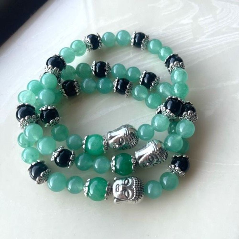 Green aventurine jade obsidian Buddha ONE stretch beaded bracelet NEW reiki medi